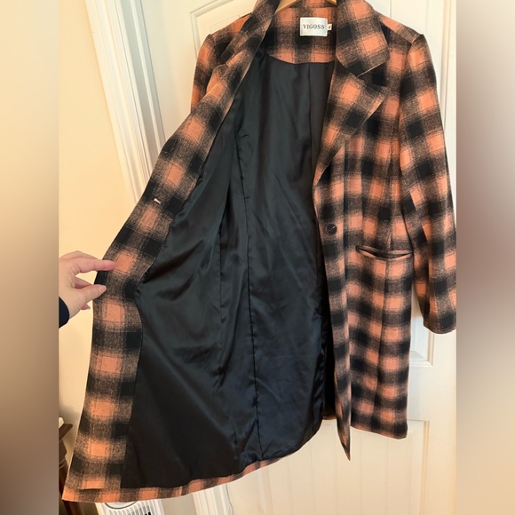 Anthropologie Belle Plaid Coat by Vigoss Checkered  Black & Pink Single Breasted - Picture 10 of 12